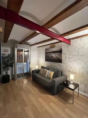 a living room with a couch and a brick wall at Apartamentos El Olivo in Valencia