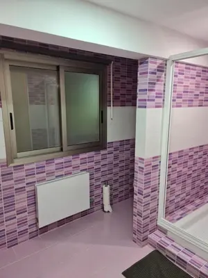 a bathroom with pink and purple tile on the wall at Apartamentos El Olivo in Valencia