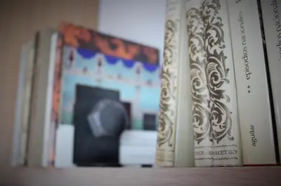 a row of books sitting on a shelf at Barracart Apartments in Valencia