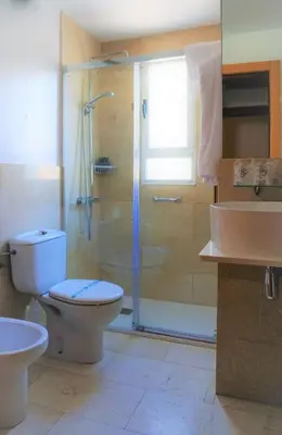 a bathroom with a shower and a toilet and a sink at Hotel Miramar Valencia in Valencia