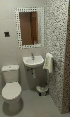 a bathroom with a toilet and a sink and a mirror at Hostal Bisbal ONLY ADULTS NO AC in Valencia