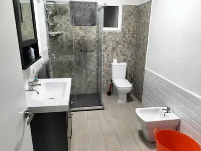 a bathroom with a shower and a sink and a toilet at New Trendy apartment in Valencia