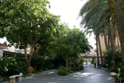 a walkway with trees and benches in a park at Marenostrum view in Playa Pobla de Farnals