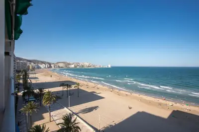 a view of a beach with palm trees and the ocean at Apartments Cullera Beach in Cullera