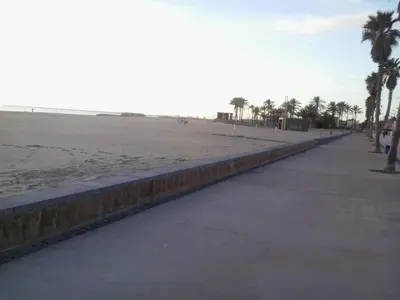 a sidewalk next to a beach with palm trees at Apartamento Sofia in Valencia