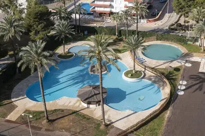 an overhead view of two pools with palm trees at Florazar 2, Vi-1-C in Cullera