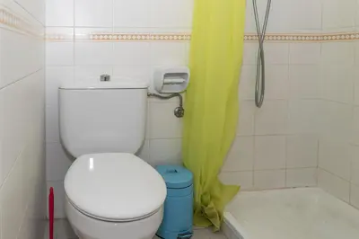 a bathroom with a white toilet and a shower at Seniades, 6º-16 in Cullera