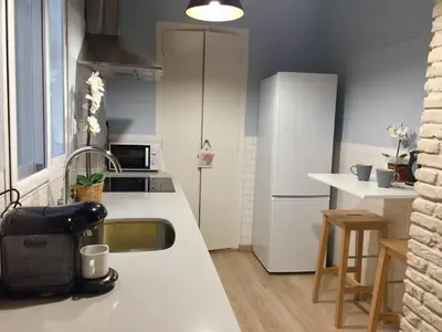 a kitchen with a sink and a refrigerator at Teixidors de Palomar - PalomarGroup in Valencia