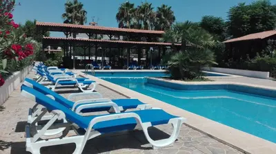 a row of blue and white lounge chairs next to a swimming pool at Hotel La Carreta in Chiva