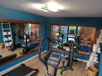 a gym with treadmills and ellipticals in a room at Hotel La Carreta in Chiva