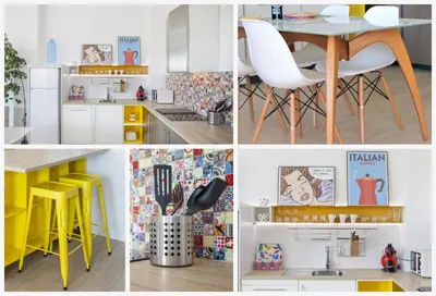 a collage of photos of a kitchen with yellow and white at Atico Valencia Sorolla in Valencia