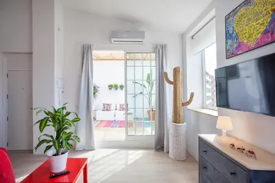 a living room with a tv and a cactus at Atico Valencia Sorolla in Valencia