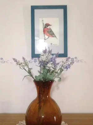 a vase with flowers and a picture of a bird at Casa Las Violetas in Altura