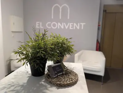 a table with a potted plant on top of it at Hostal El Convent de Moncada in Moncada
