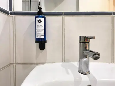 a bathroom sink with a bottle of soap on the wall at Flats Friends Nave in Valencia
