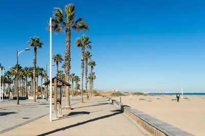 a sidewalk next to a beach with palm trees at ApartUP Patacona Terrace Duplex II in Valencia