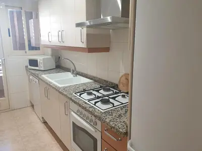a kitchen with a stove and a sink at Oceanográfico Apartments in Valencia