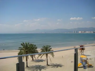 a view of a beach with palm trees and the ocean at El Chalet in Cullera