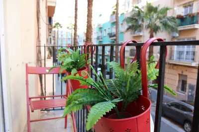 a balcony with a potted plant on a railing at El Coral Apartment Valencia in Valencia