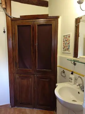 a bathroom with a wooden door next to a sink at Centro con encanto. in Valencia