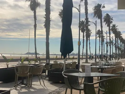 a cafe with tables and chairs and palm trees and the beach at Avenida Mare Nostrum 7 Patacona Beach Breakfast items in the home in Valencia