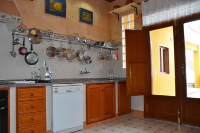 a kitchen with wooden cabinets and a white dishwasher at La Isla del Júcar in Barraca de Aguas Vivas