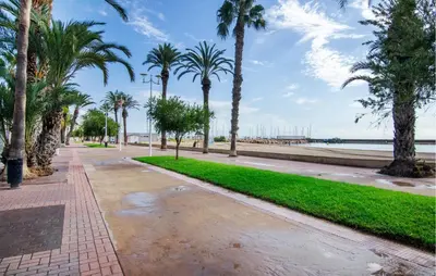 a walkway with palm trees and the beach at One-Bedroom Apartment In La Pobla De Farnals in Puebla de Farnals