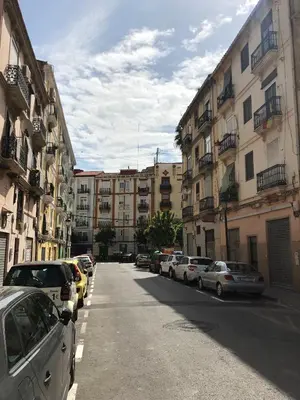 a city street with cars parked in front of buildings at Botanic in Valencia