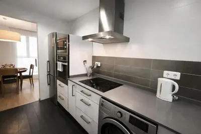 a kitchen with a stove and a washer and dryer at FLORIT FLATS - The Jardines del Turia Apartment in Valencia