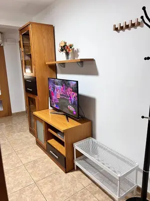 a living room with a tv on a wooden entertainment center at Plaza Sainetero Arniches in Valencia