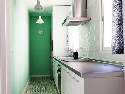 a kitchen with two sinks and a green wall at Campanar Flat in Valencia
