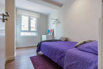 a bedroom with a purple bed and a window at Cedro flat in Valencia
