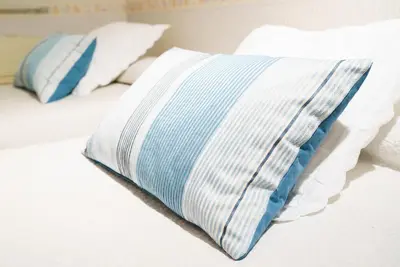 two white and blue pillows on a bed at Vivaldi Valencia in Valencia