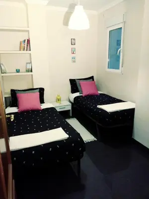 two beds in a small room with pink pillows at Habitaciones Centricas en una casa Valenciana in Valencia