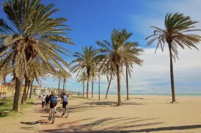 people riding bikes on a beach with palm trees at PATACONA MARE NOSTRUM APARTMENT in Valencia