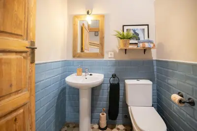 a bathroom with a sink and a toilet and a mirror at Bird House in Valencia