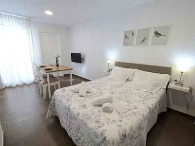 a bedroom with a bed and a desk and a table at Estudios en la playa in Valencia
