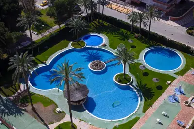an overhead view of three swimming pools with palm trees at Apartamentos Florazar II Ajhory in Cullera