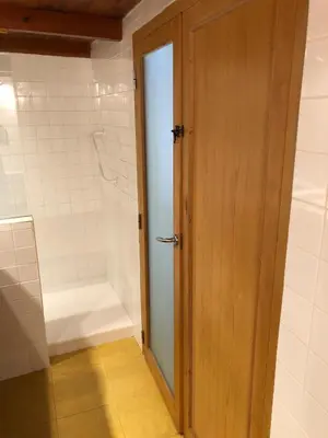 a bathroom with a shower and a wooden door at Cozy en Blanch. Center in Valencia