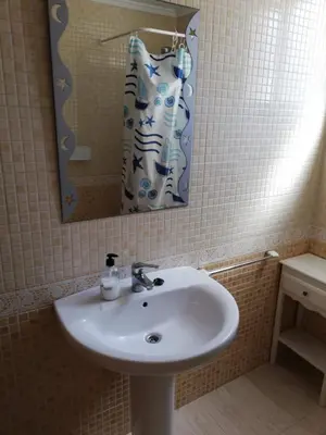 a bathroom sink with a mirror and a shower curtain at Parquemar VIII Solo Familias Serviplaya in Playa de Xeraco