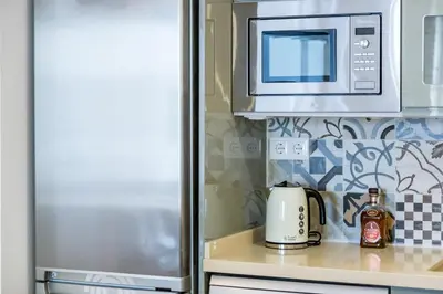 a kitchen with a refrigerator and a microwave at FLORIT FLATS - CATHEDRAL LUXURY TERRACE FLAT 2BR 2BA AC Wifi in Valencia