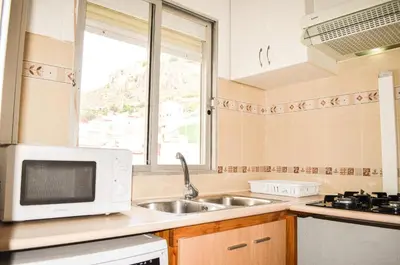 a kitchen with a sink and a microwave at VIRGEN APARTAMENT HOTEL in Cullera