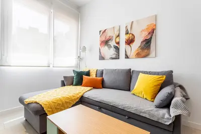 a living room with a gray couch with colorful pillows at R&C APARTMENTS CLOSE to CENTER in Valencia