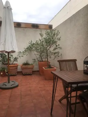 a patio with tables and chairs and potted plants at Habitación en Casa Qerétaro in Silla