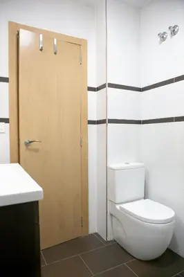 a bathroom with a toilet and a wooden door at Natura Apartments in Chelva