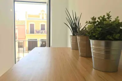 three potted plants sitting on top of a wooden table at Casa La Placeta in Fortaleny