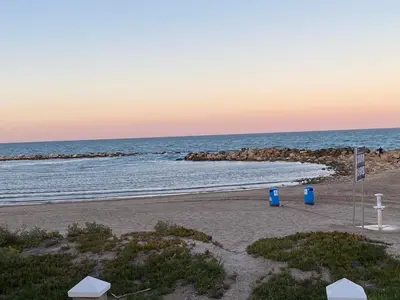 a beach with two blue trash cans and the ocean at 1era linea de playa VILLA MARGARET Cullera Marenyet in Cullera