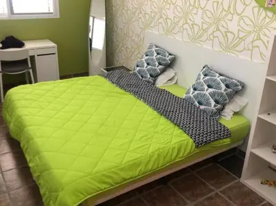 a bed with a green comforter in a room at Maravisa in Puebla de Vallbona
