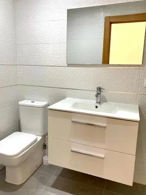 a bathroom with a toilet and a sink and a mirror at UIM Mediterraneo Casita Palancia Wifi in Puerto de Sagunto