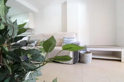 a living room with a couch and a plant at Global Vacacional, Apartamento en la playa de Canet d'en Berenguer in Canet de Berenguer